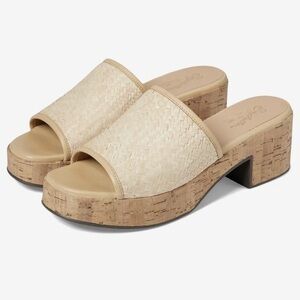 SEYCHELLES one of a kind beige raffia slip on platform heel slides size 9.5